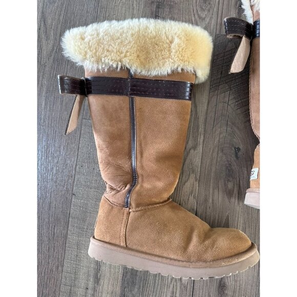 Ugg Genevieve Extra Tall Suede Shearling Boots Bow Back Chesnut Tan Women's 8 - Picture 3 of 9